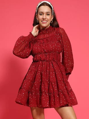 Epic Maroon Foil Print Long Sleeve Ruffle Detail Women Dress-M