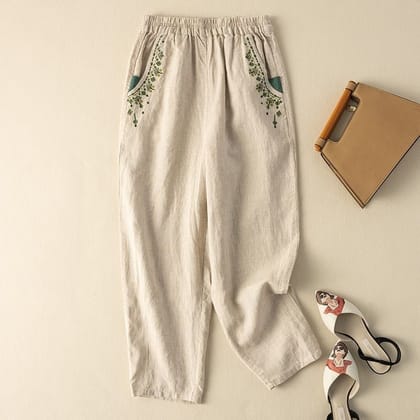 Soft Sophistication: Cream Trousers with Beautiful Embroidery-M