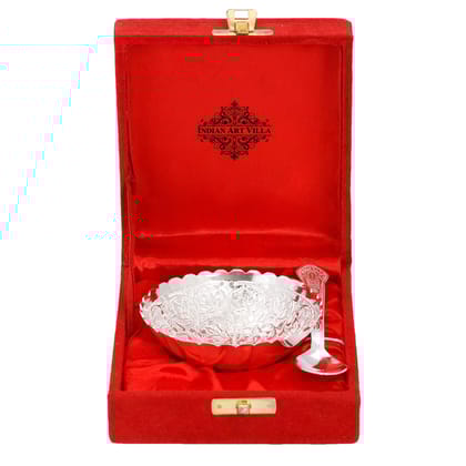 Indian Art Villa Pure Silver Plated Flower Design Bowl And Spoon With Gift Box Festive Gifts