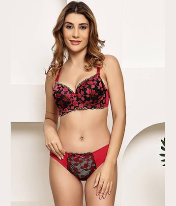 PrettyCat Pack of 1 Lace Bra & Panty Set For Women ( Red )