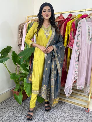 Lime Yellow Kurta Set with Grey Dupatta-M