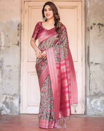 Luxurious Green Banarasi Silk Saree with Zari Border and Tassels-Regular