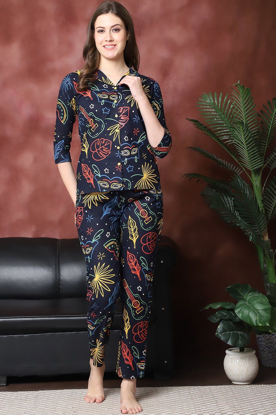 Navy Color Abstract Printed  Pure Cotton Night Suit-L