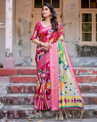 Magenta Tussar Silk Saree with Artistic Peacock & Floral Kalamkari Design-Regular
