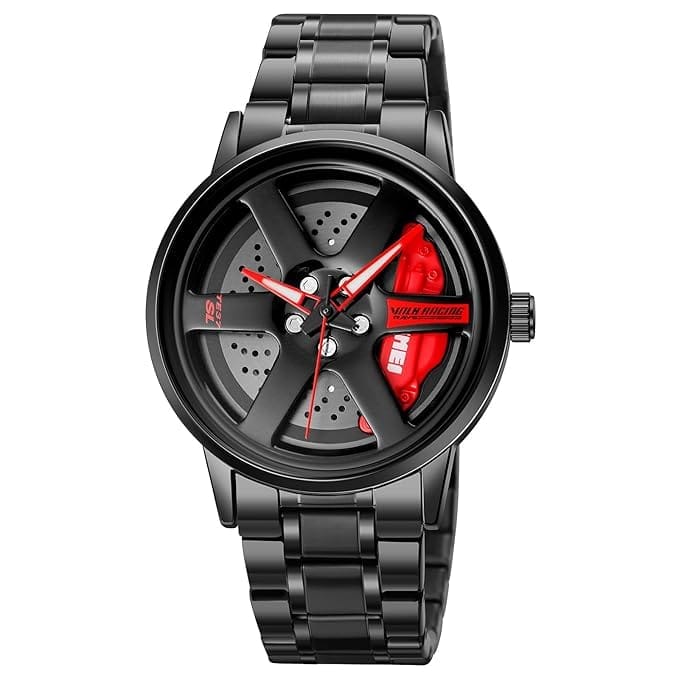 Men's Spinning Car Wheels Rolling Creative Fashion Watches for Men, Analog Watch Black Dail Zink Alloy Case Men's Watch, Black Color Stainless Steel Band, Rolling Wheel Gift Wristwatch - 1787