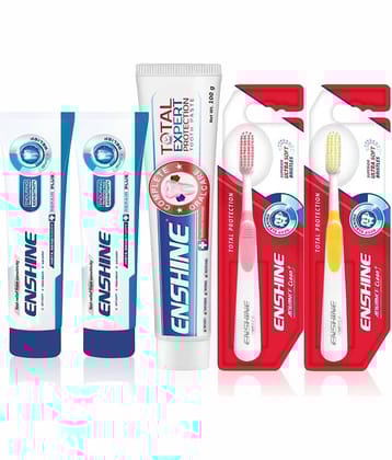 Enshine Sensitivity Toothpastes ( 50g x 2 ), Total Expert Toothpaste (100g), and 2Pc Toothbrushes