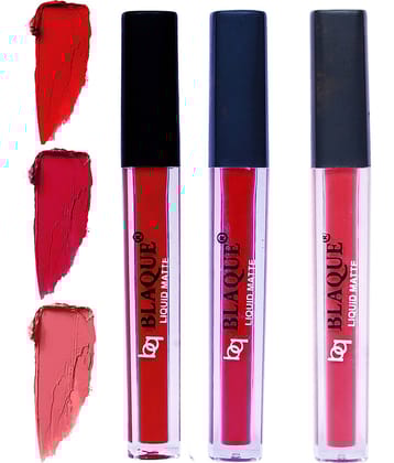 bq BLAQUE Matte Liquid Lipstick Combo of 3 Lip Color 4ml each, Waterproof - Red, Dark Pinkish Red, Pinkish Peach