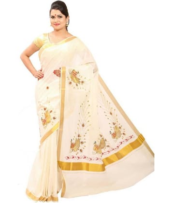 RSV FABRICS Kerela Cotton Saree With Unstitched Blouse Piece ( White )