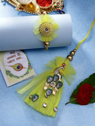 NVR Unisex Set of 2 Yellow Peacock Design Bhaiya Bhabhi Rakhi With Roli Chawal-Freesize / Yellow / Gold-Plated