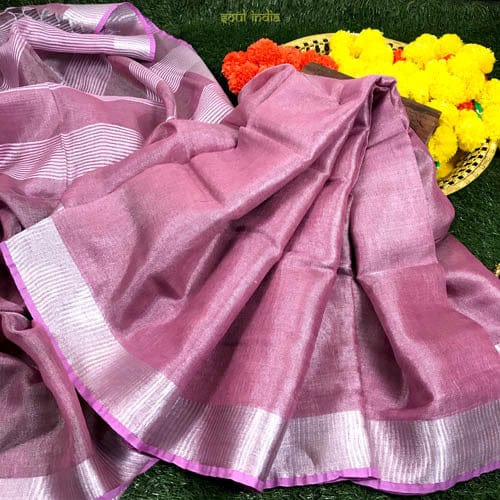 Tussar Linen saree with silver Zari Border & Pallu- Pastel Pink