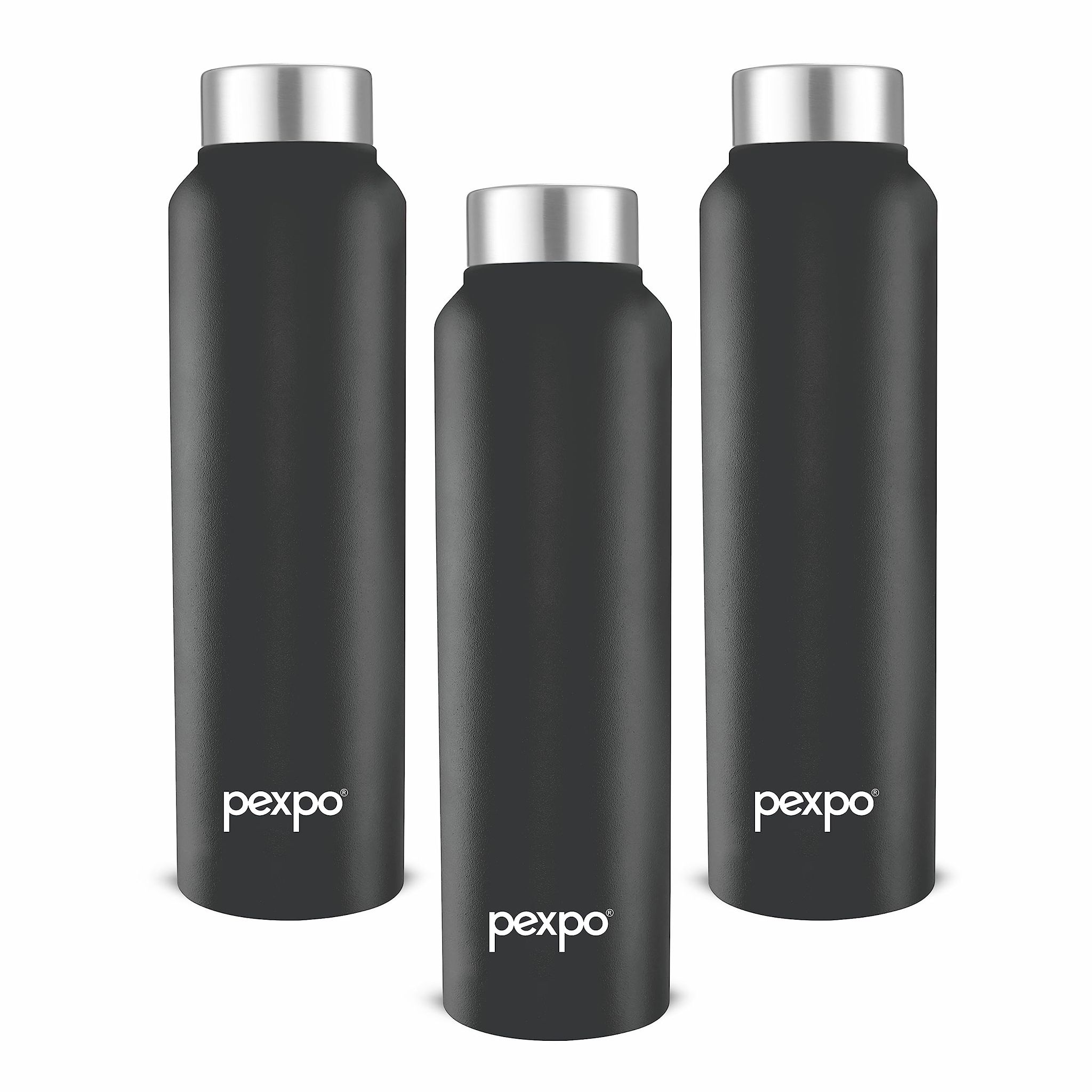 PEXPO Stainless Steel Fridge Water Bottle, 1000 ml, Pack Of 3, Knight Black, Chromo | Leak-Proof & Easy to Grip Water Bottle
