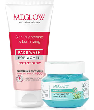 Meglow Radiant Skin Combo for Women | Skin Brightening Face Wash & SPF 50 Sunscreen Gel Combo | Daily Glow & Sun Protection for Women