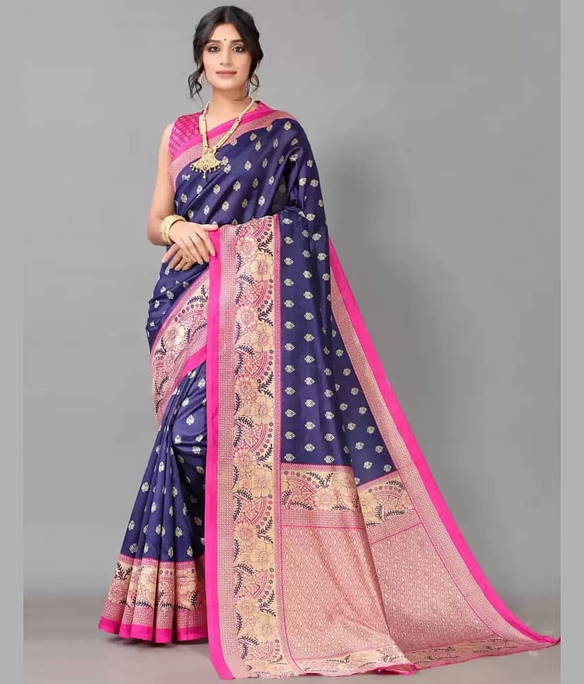 Aadvika Art Silk Printed Saree With Unstitched Blouse Piece ( Navy Blue )