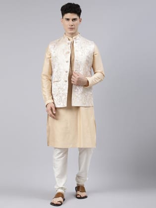 Cream Gold Jacket With Gold Kurta Set-M/40 / Pant Pajama Set