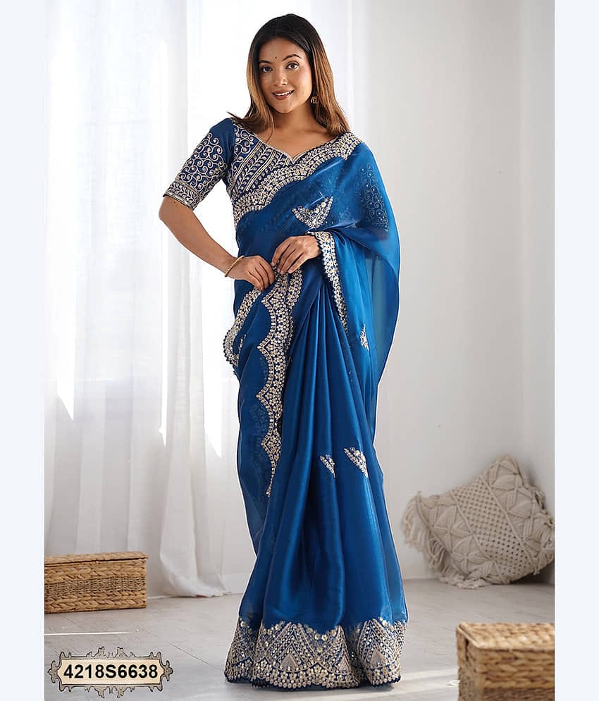 Samah Tissue Embroidered Saree With Unstitched Blouse Piece ( Beige )