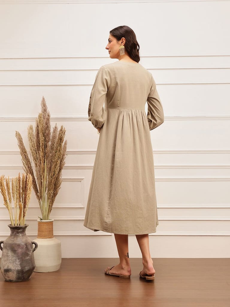Sand Beige Embroidered Flared Dress
