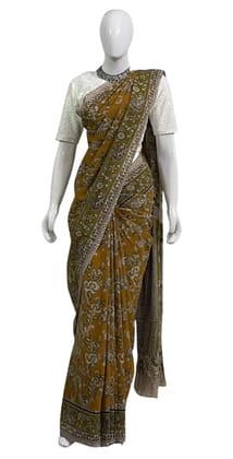 Kalamkari Cotton Saree Mustard Olive Green Peacock Pallu