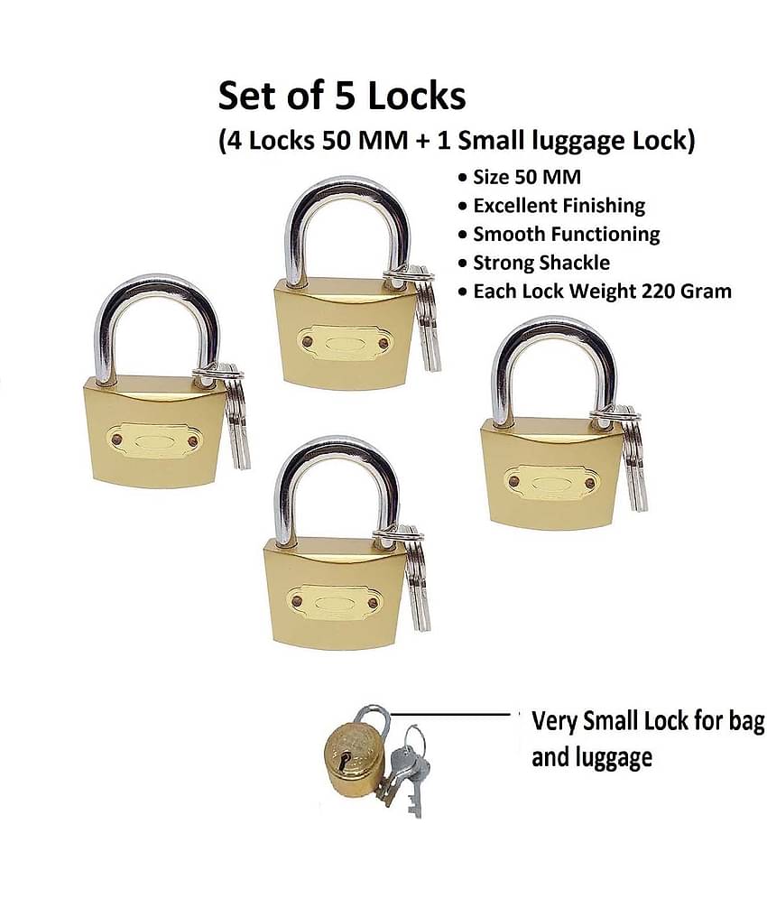 Unikkus set of 5 locks, 4 locks size 50 MM for home room door kitchen and multi-purpose and 1 very small lock for bag and luggage, useful lock and keys, a good quality padlock.