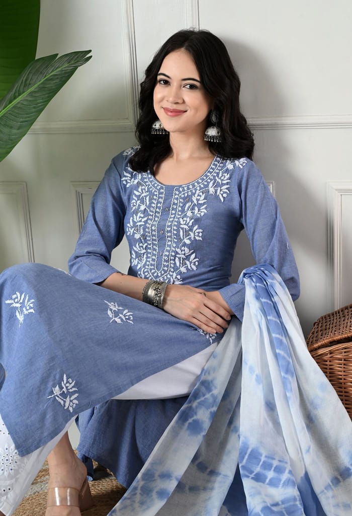 "Hand Embroidered Chikankari & Cut Dana Work Denim Cotton Kurta Set with Tie-Dye Dupatta "