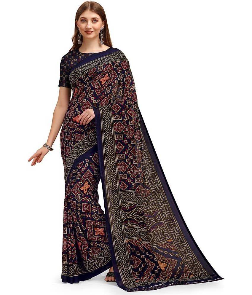 LEELAVATI Georgette Printed Saree With Unstitched Blouse Piece ( Navy Blue )