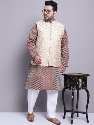 Men's Silk Blend Maroon Kurta & Beige Emb Nehrujacket With White Pyjama-44