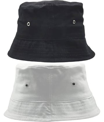 Unisex Cotton Fishermen Bucket Cap Hat (Black,White) Pack of 2