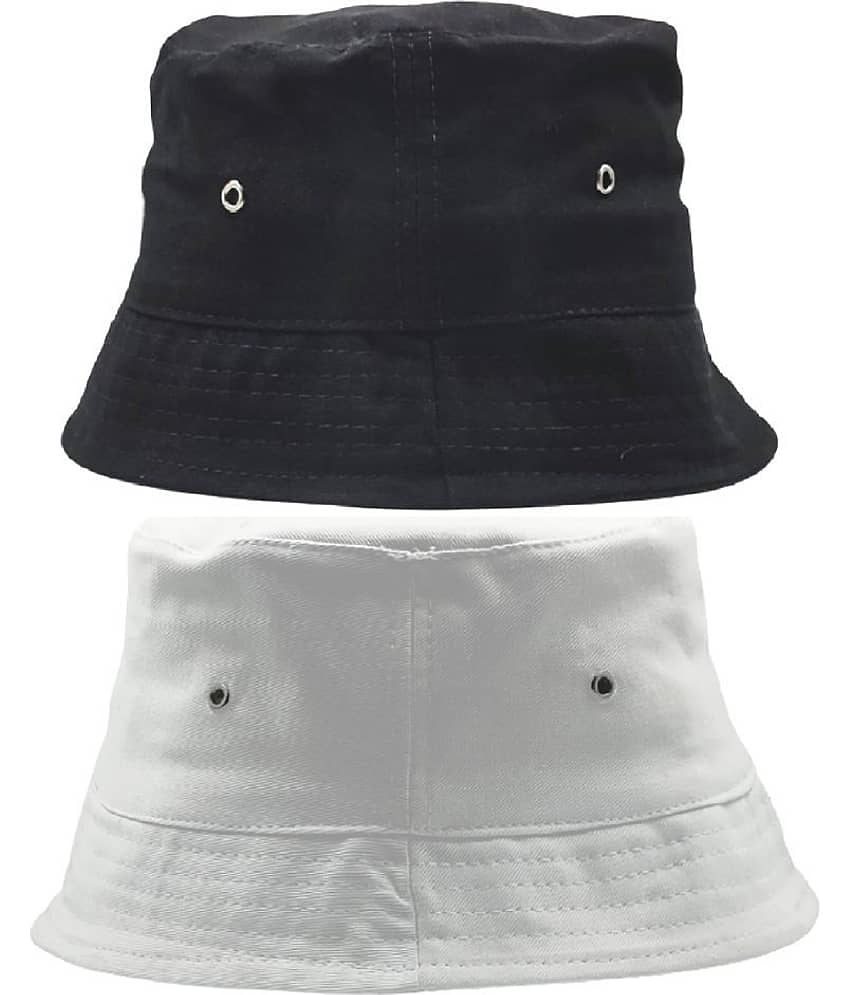 Unisex Cotton Fishermen Bucket Cap Hat (Black,White) Pack of 2