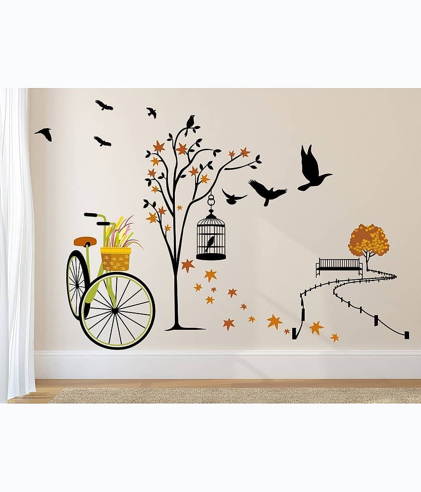 Asmi Collection Beautiful Tree Cycle and Birds in Autumn Wall Sticker ( 90 x 135 cms )