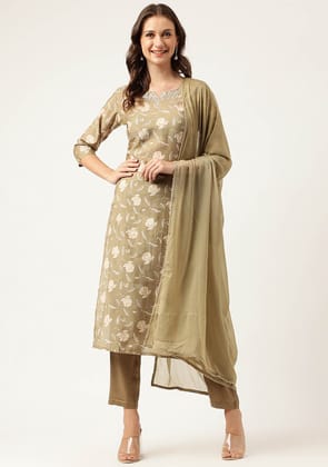 Olive Embroidered Cotton Kurta Trouser with Dupatta Set-XS