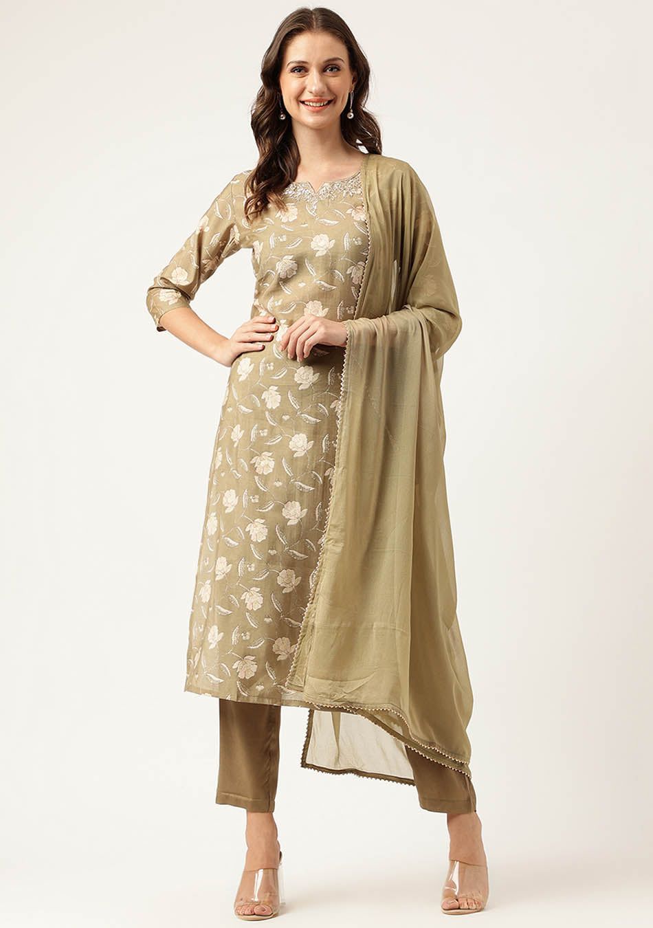 Olive Embroidered Cotton Kurta Trouser with Dupatta Set-XS