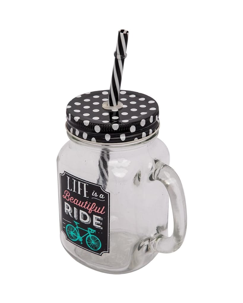 Mason Jar, with Straw & Lid, Black, Glass, 450 mL