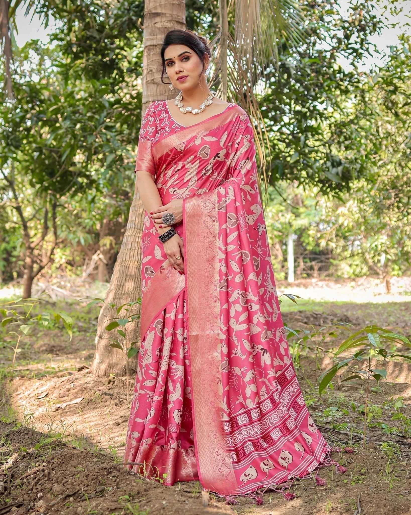 Vibrant Pink Tussar Silk Saree with Intricate Zari Border and Modern Floral Pallu-Regular