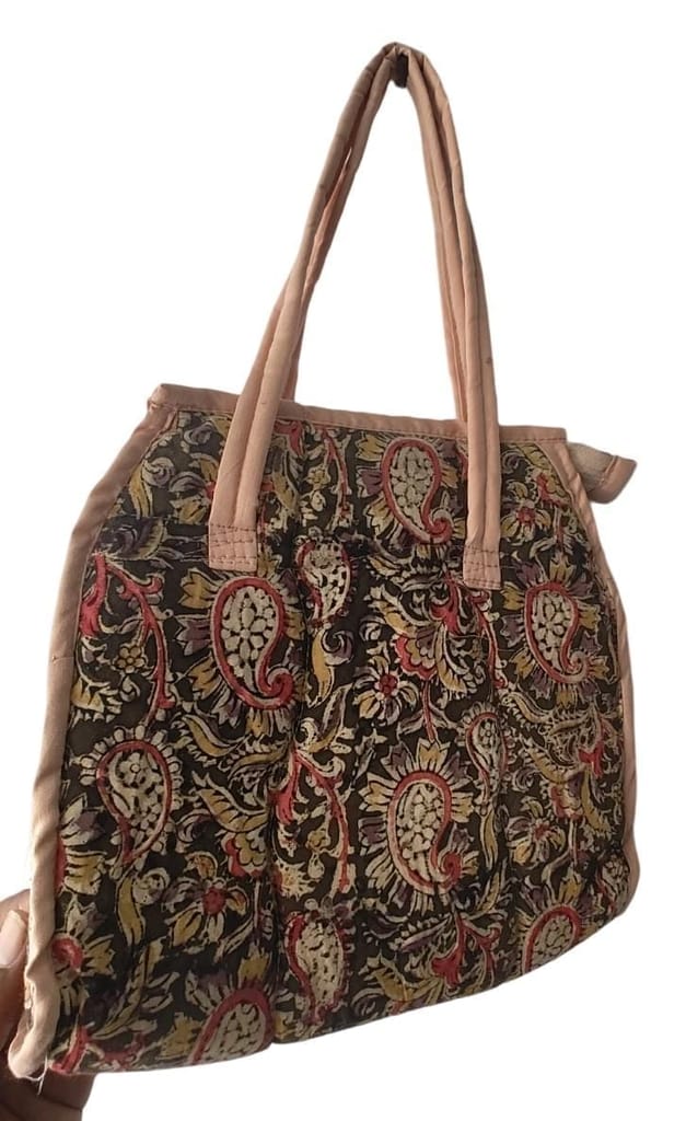 KALANKARI Handcrafted Paisley Print Cotton Tote Bag with Zipper Closure and Pink Lining