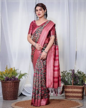Elegant Banarasi Silk Saree in Deep Green with Floral Zari and Tassels-Regular