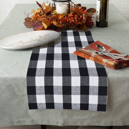 Lushomes table runner, Buffalo Checks Black Crochet, table runner for 6-8 seater dining table, for Living Room, for Center Table for Coffee Table (Single Layer, 13 x 90 inches, Set of 2)