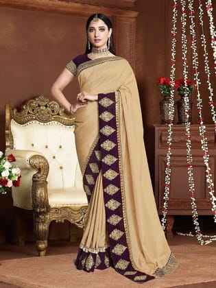 Beautiful Beige Colored Party Wear Embroidered Silk Sari