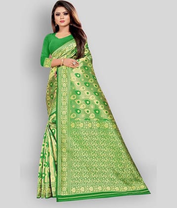 Gazal Fashions Banarasi Silk Printed Saree With Unstitched Blouse Piece ( Green )