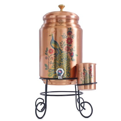 Handmade Pure Copper Water Pot with Stand & Glass, Peacock Printed Design, 5 Ltr.