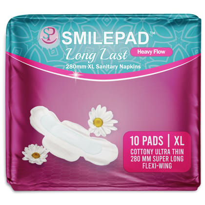 Smilepad Long Last Sanitary Pads for Women | 280mm XL Size Cottony Ultra-thin Sanitary Napkins with Long Flexi Wings for Extra Coverage | Combo Pack of 2 - (20 Pads)