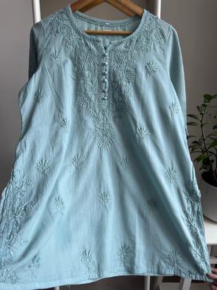 Mul Cotton Chikankari Full sleeves short Top - Green-Pale pink / Cotton / XL