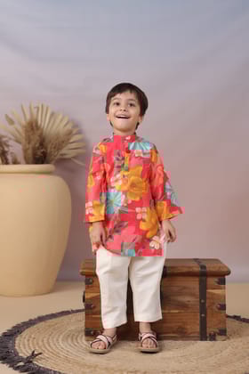 Pom Poms Adorned Red Kurta and Pyjama-0-6 months