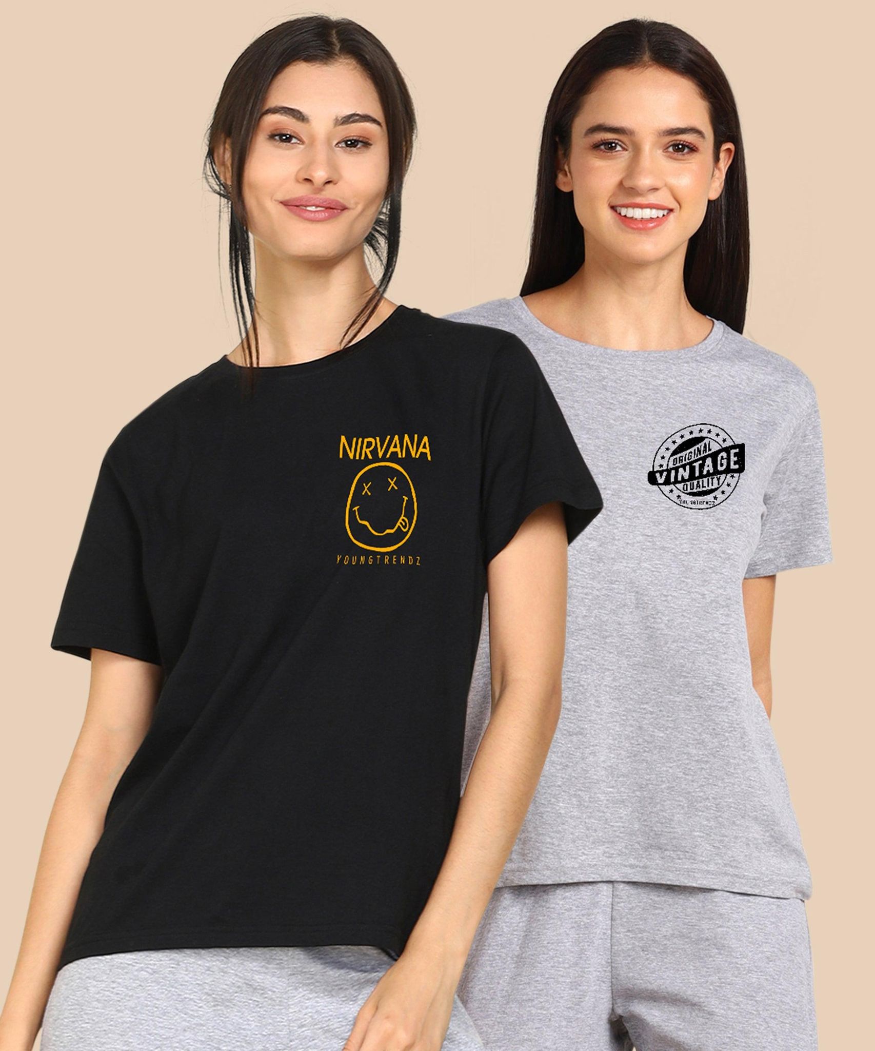 Womens Regular Fit Combo Printed T Shirt-S / Black Gray
