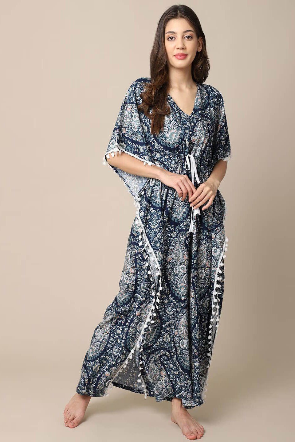 Blue Motif Printed Viscose Rayon Kaftan For Women-ONESIZE
