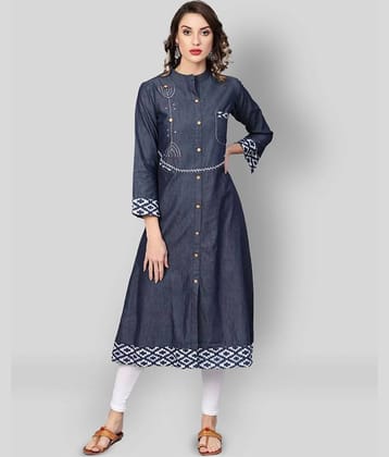 Yash Gallery Pack of 1 Denim Embroidered Front Slit Women's Kurti - ( Blue )