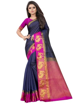 Women's Kanjivaram Silk Saree with Unstitched Blouse Piece (Navy Blue, 5-6 Mtrs)