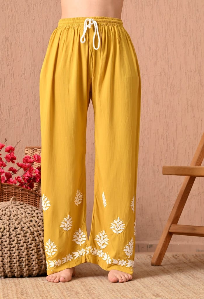 Hand Embroidered Chikankari Plazo Set with 3d Work-Mango yellow