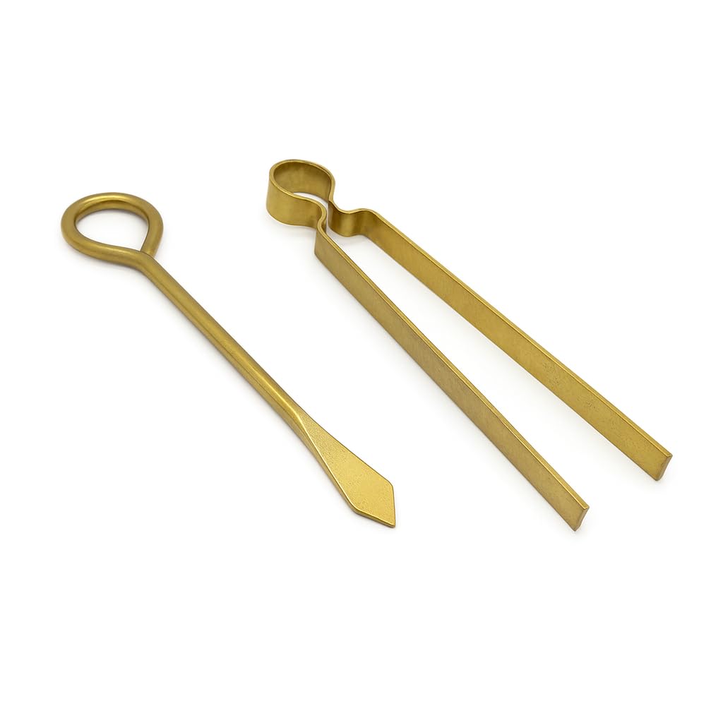 Chimta and Wick Adjuster Combo - Brass - Small Chimta for Diya - Thiri Thundi Stick - Vilakku Kambi - Pooja Tools - Wick Tool - Traditional Oil Lamp Accessories for Pooja, Aarti, and Rituals