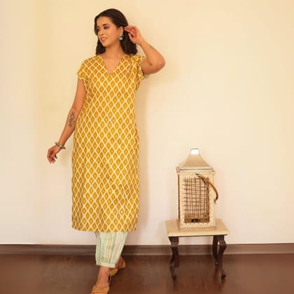 Mustard Ikat printed Kurta-XS