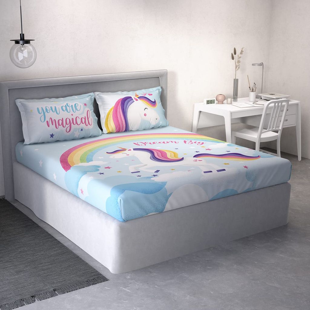 DDECOR - Little Brats Collection 100% Cotton Conversational Pattern 136TC King Bedsheet |254 CM X 274 CM| Blue