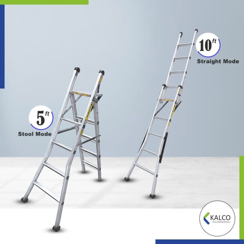 Multipurpose Wall Supporting & Stool Type Foldable Aluminium Ladder, Flat Steps (Model: K-7006, Height: 5ft + 10ft in Medium )